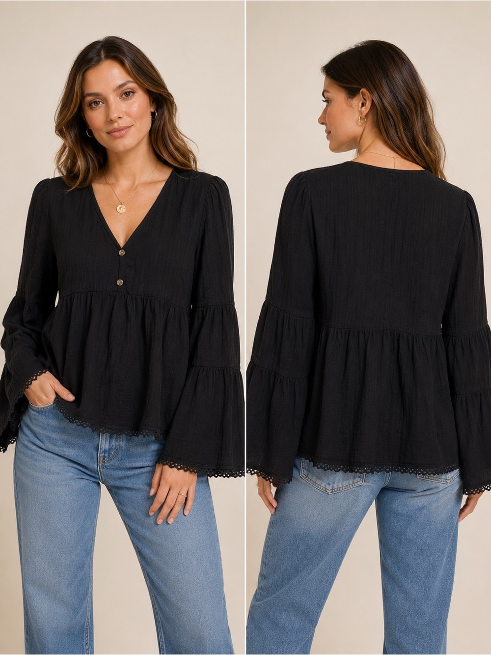Lost + Wander Black Boho Peplum Blouse Bell Sleeve Top NWOT